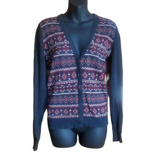 Forever 21 Black Red V Neck Button Down Long Sleeve Cardigan Sweater Holiday